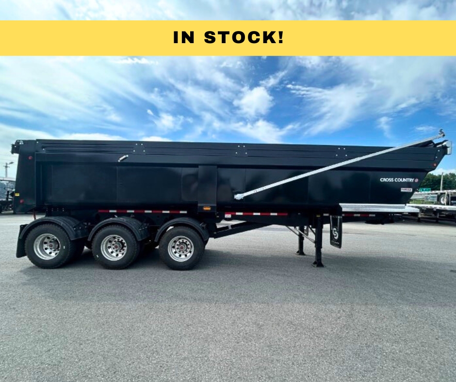 On this menu picture, you can see the brand new 2026 3 axles dump trailer from Cross Country. Hybrid, square finish and it's color's black.